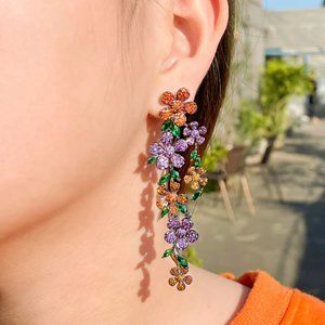 NEW~ Anthropologie Pave Crystal Colorful Cascading Fall Flower Earrings